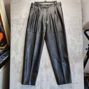 Marco Xiami Women's Black Genuine Leather Pleated Tapered Pants Size 32 Lined